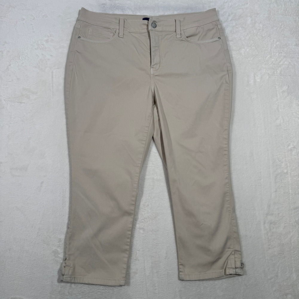 NYDJ Karen Capri Women 12P Tan Beige Lift Tuck Cropped Stretch Pants Slit Hem